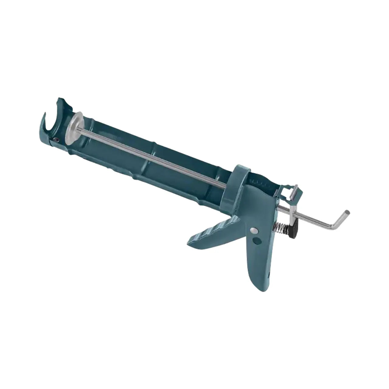 The Go Build 10 oz. Dripless Smooth Rod Caulk Gun features a teal metal frame and trigger for precise dispensing of sealants or adhesives. Handle and release lever are visible, shown on a white background. Brand: The Fastest Way To Build.